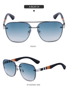 Detail of rimless square sunglasses featuring gradient blue lenses and striped metal temples