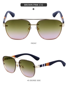 Close-up of rimless square sunglasses with striped temples and brown pink gradient lenses