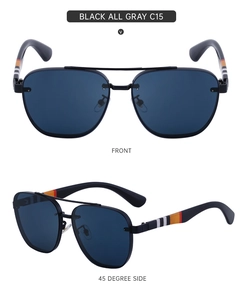 Detail view of rimless square sunglasses with signature striped temples in black and red