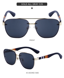 Detail of rimless square sunglasses with signature striped temples and gold metal frames