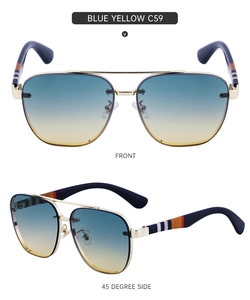 Front and side view of frameless pilot sunglasses with blue yellow gradient lenses