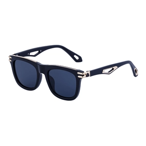 Fashionable square sunglasses with gold metal accents and geometric hollowed temples