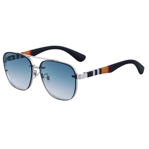 Fashion rimless square sunglasses with blue gradient lenses and striped temples