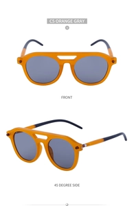 Steampunk sunglasses with orange double-bridge frame and gray lenses in multiple views