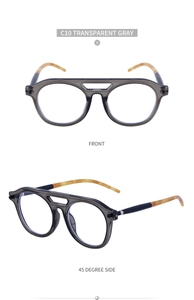 Front and side view of steampunk double-bridge round sunglasses with transparent gray frame