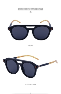 Front and 45-degree side view of steampunk double-bridge sunglasses with tortoiseshell temples