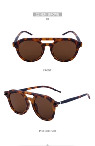 Front and 45-degree side views of steampunk pilot sunglasses in C3 demi brown frame