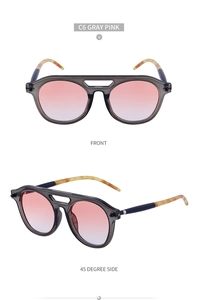 Front and 45-degree side view of gray pink steampunk sunglasses with gradient lenses