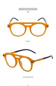 Steampunk sunglasses with orange frame and black temples shown in front and side views