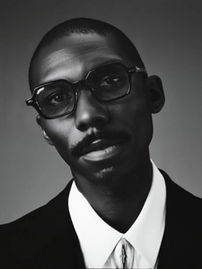 Artistic black and white portrait of square frame sunglasses on a model wearing a suit