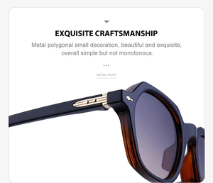 Detail of blue tortoise sunglasses featuring a golden polygonal metal decoration hinge