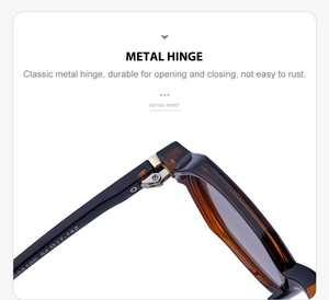 Detail of durable metal hinges and tortoise-shell inner temples on retro square sunglasses