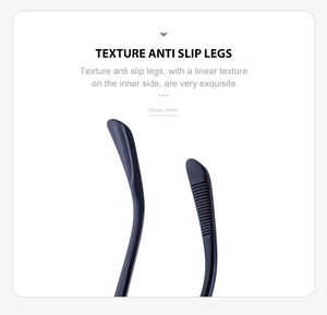 Close-up of retro sunglasses temple tips featuring blue anti-slip linear texture