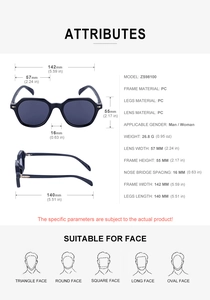 Detailed technical diagram showing dimensions and PC material specs for retro sunglasses