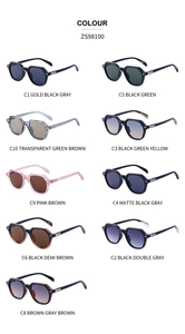 Detailed grid view of retro square sunglasses model ZS98100 in nine diverse color options