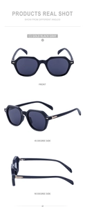 Close-up of retro square sunglasses with gold metal temple accents and black frames