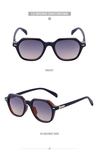 Retro square sunglasses detail with brown gray gradient lenses and gold metal accents