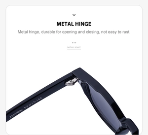 Detail of durable metal hinge and model ZS98092 on black oval sunglasses frame