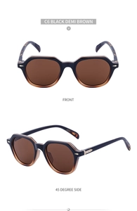 Front and side view of retro black and demi brown sunglasses with golden arrow metal accents