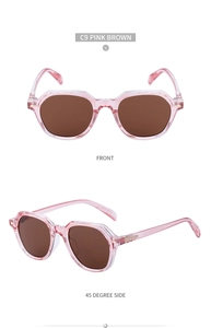 Front and 45-degree side view of pink translucent square sunglasses with brown lenses