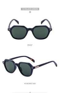 Macro view of C5 Black Green vintage square sunglasses with tortoiseshell temples and gold logo