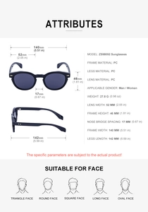 Detailed size specifications for ZS98092 oval sunglasses with frame dimensions and weight