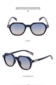 Retro rectangle sunglasses with black frame and blue-orange gradient lenses in dual views