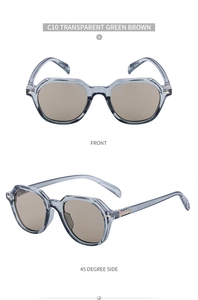 Front and side view of transparent green sunglasses with brown lenses and gold hardware