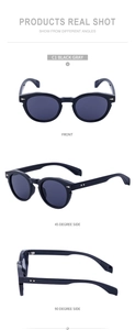 Detail view of oval retro sunglasses with black frames and metal rivets in multiple angles