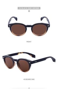 Detailed front and side views of oval frames sunglasses in black and amber brown
