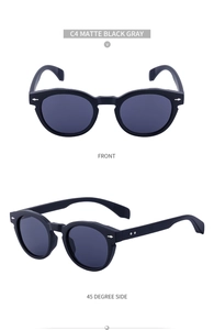 Detail view of matte black oval sunglasses showing front and side profile perspectives