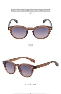 Front and side view of oval transparent brown sunglasses with gray brown gradient lenses