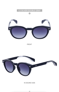 Front and 45-degree side views of black oval sunglasses with gradient gray lenses