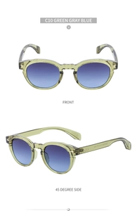 Detail view of retro oval sunglasses in transparent green frame with blue gradient lenses