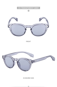 Detail view of transparent gray oval sunglasses with metal hinges and keyhole bridge