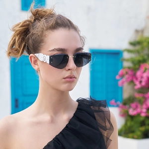 Fashion rimless sunglasses with geometric lenses and white temples featuring gold accents