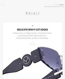 Detail of rimless sunglasses with wavy cut edges and golden deer metal decoration
