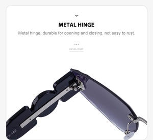 Close-up of durable metal hinge on rimless sunglasses with wide temples
