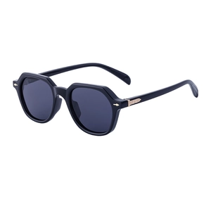 Retro rectangle sunglasses with black frames and gold metal accents on white background