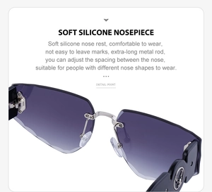 Detail of soft silicone nose pads and adjustable metal bar for rimless sunglasses