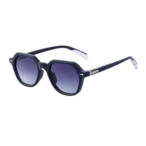 Retro geometric black sunglasses with purple gradient lenses and silver metal accents