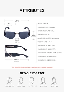 Detailed size specifications for rimless sports sunglasses with wide deer head temples