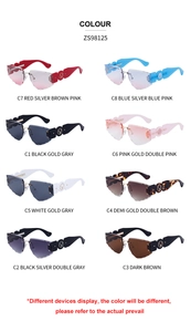 Macro shot of rimless sunglasses with deer head metal logo on wide temples in 8 colors