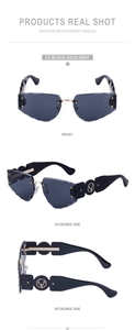 Three-angle views of rimless sunglasses with cut-edge lenses and gold deer head detail