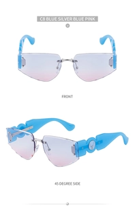 Detail of rimless gradient lenses and blue temple with silver deer head engraving