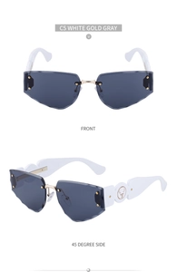 Detail of rimless sunglasses with carved edges and gold deer head logo on white temples