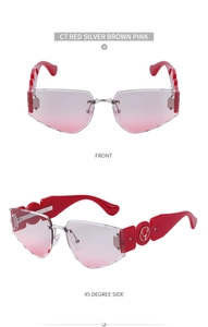 Frameless polygonal sunglasses with pink gradient lenses and red wavy temples C7