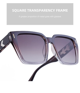 Nahaufnahme der eckigen Acetat-Sonnenbrille mit Farbverlauf und silbernen Scharnieren