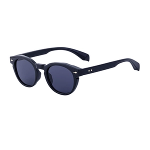 Classic black oval frame sunglasses with vintage gold rivets on a plain white background