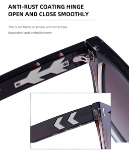 Detail der quadratischen Vintage-Sonnenbrille mit rostfreien Metallscharnieren und Deko